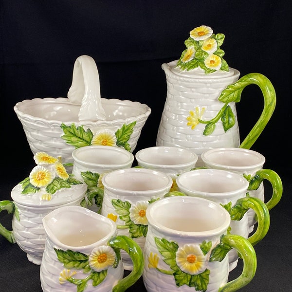 Lefton Rustic Daisy Set - Teapot, 6 Mugs, Cream & Sugar Bowls, and Basket