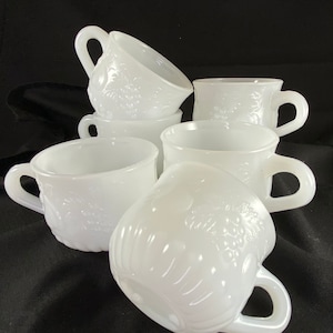 Jeannette Milk Glass Punch Cups -  Set of 6 Mugs with Fruit Design