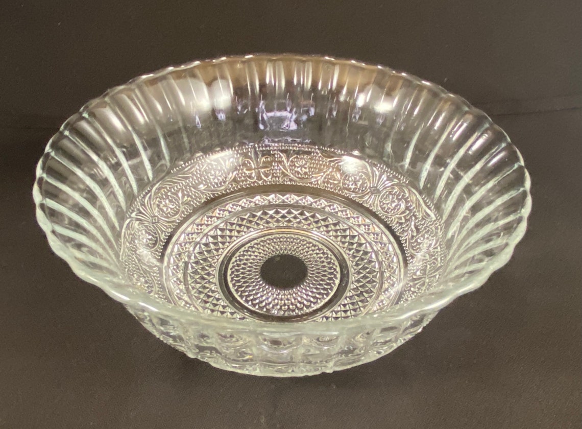 KIG Malaysia Pressed Glass Fleur De Lis Fluted Bowl & Plate Etsy