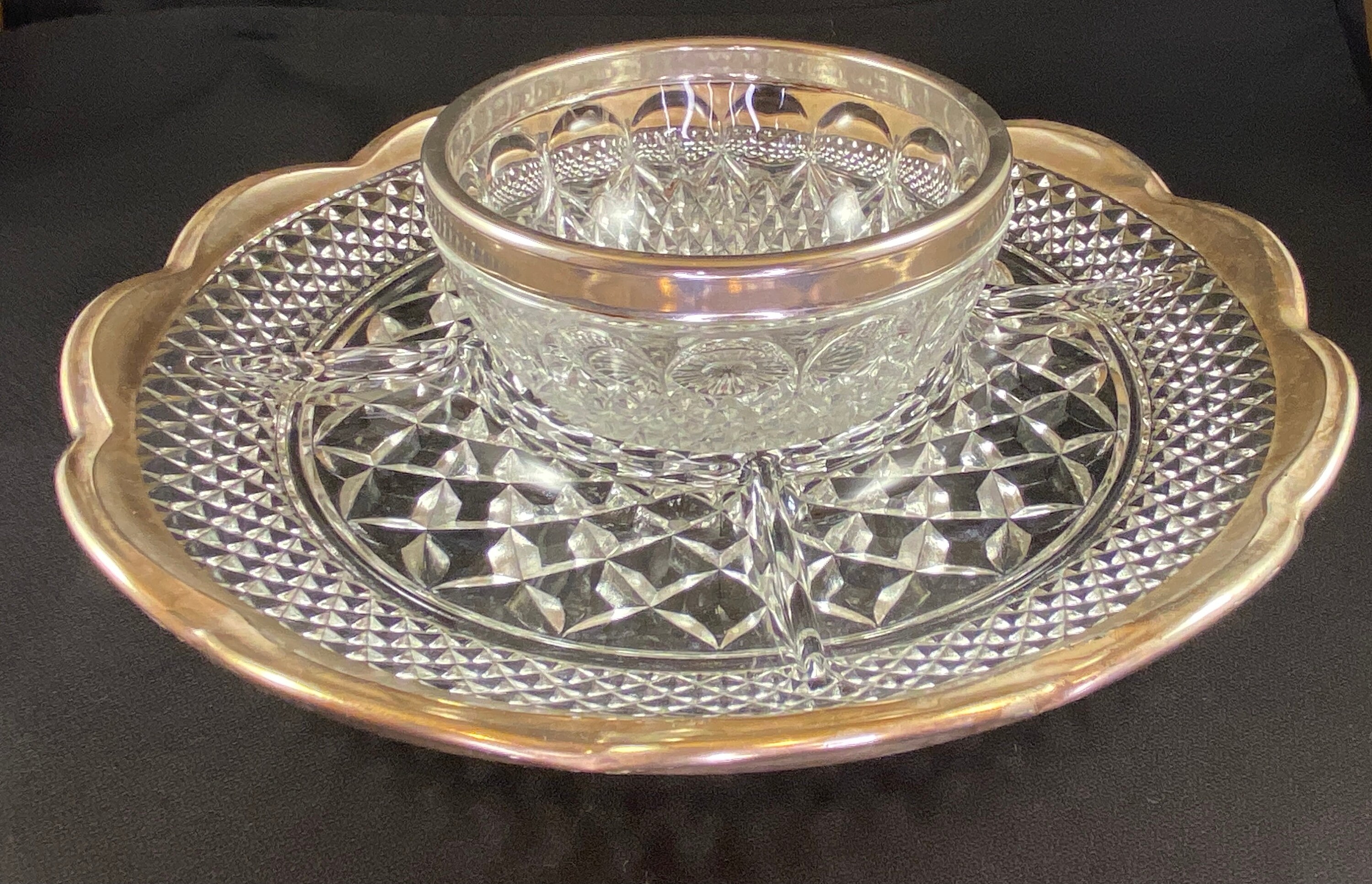 Silver Rim Cut Glass Dishes Dip Bowl & 5section Divided Tray With