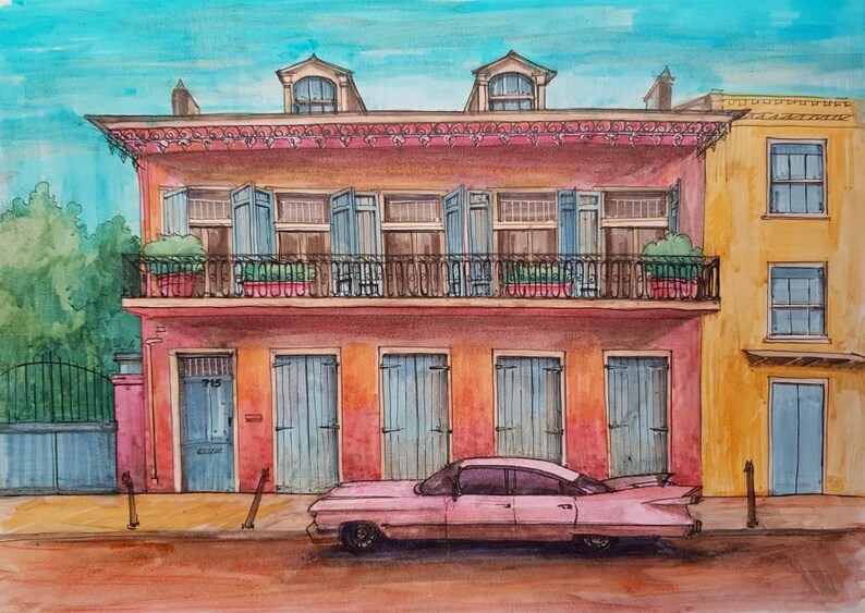 New Orleans French quarter street ORIGINAL illustration wall art