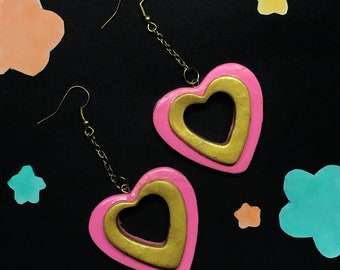 Hollow Hearts Earrings-Pink & Gold