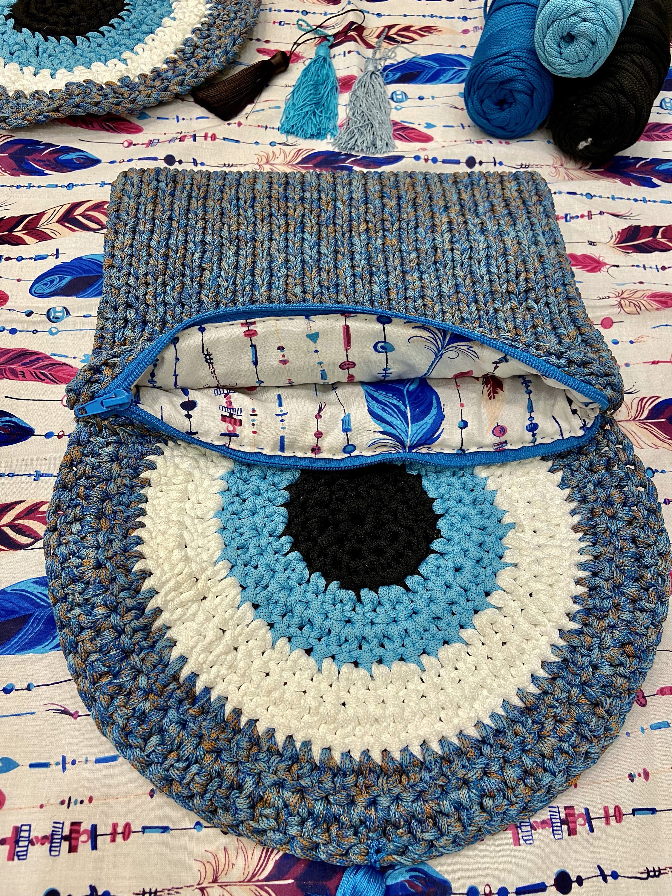  Crochet Bag for Women Evil Eye Handmade Tote Bag with Bamboo  Handles : Handmade Products