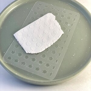 May include: A clear plastic stencil with a repeating pattern of small flower shapes. A piece of white clay has been pressed into the stencil, creating an embossed design.