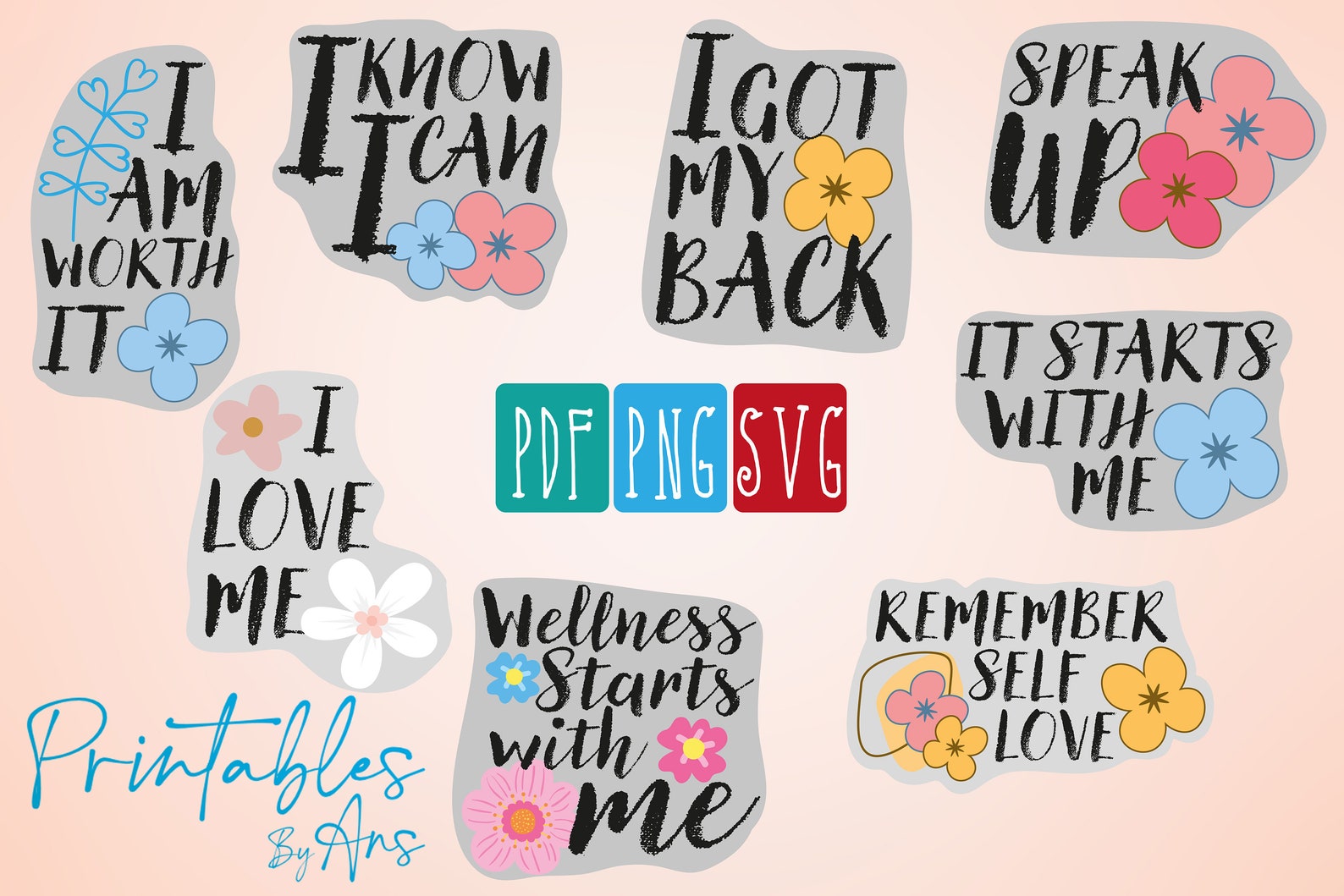 Printable Mental Health Stickers, Digital Download for Wellbeing, Png ...