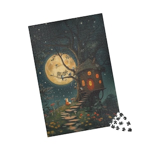 Moonlit Treehouse Puzzle, Whimsical 110, 252, 520, 1014-piece Jigsaw, Cozy Family Activity, Gift for Kids and Adults, Nighttime Adventure