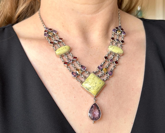 Sterling Silver Gemstone Necklace, Gemstone Statement Necklace, Amethysts, Garnets, Jasper, Multi Gemstone Jewelry, Unique Necklace