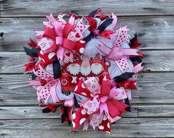 Large Whimsical Gnome Valentine's Day Wreath for Front Door, Cute Valentines Day Heart Decor, Contemporary Red and Pink Deco Mesh Wreath