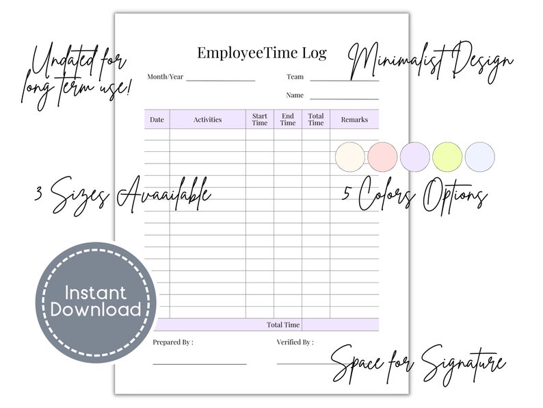 Employee time log sheet simple timer tracker minimalist etsy