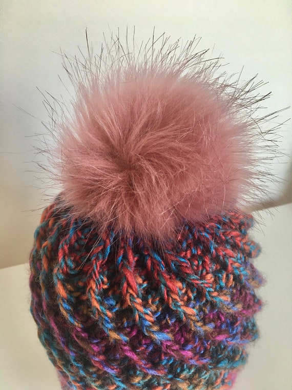 Bonnet Fait Main En Laine Au Crochet Avec Pompon Multicolore Violet Bleu  Orange Tricot Pour Enfant Homme Femme Unisex Follement Original 