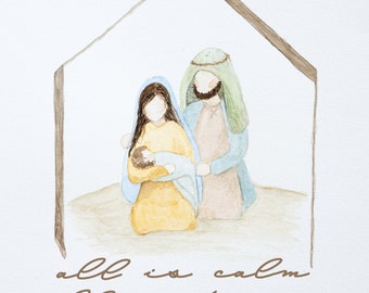 Hand-painted Watercolor Nativity Scene