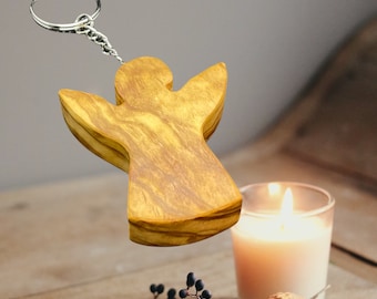 Angel personalizable keychain hand flatterer made of olive wood guardian angel
