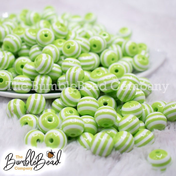 12MM Lime Green with White Stripes Chunky Bubblegum Beads, 12mm Striped resin beads, 12mm beads, [20 Count]