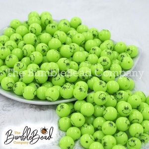 12MM Green Smirk on Green Chunky Bubblegum Beads, Double Sided, 12mm Mean face smirk Acrylic beads, Printed beads, [20 Count]