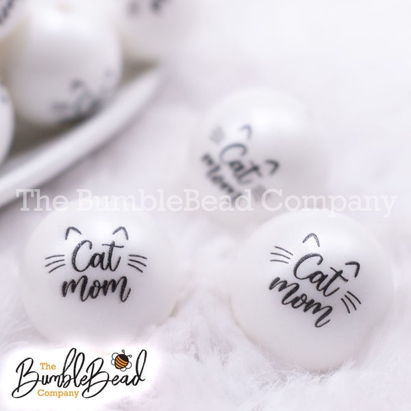 20mm Cat Mom print on White Bubblegum Beads, 20mm chunky acrylic bubblegum beads, 20mm beads, printed