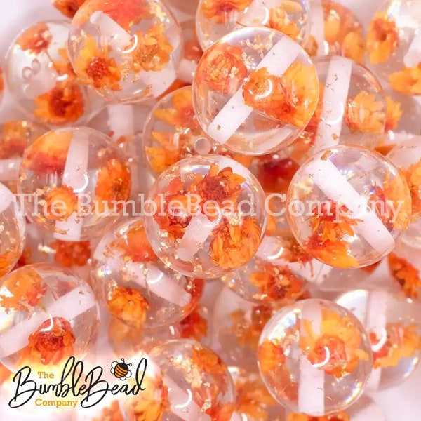 20mm Orange Flaked Flower Bubblegum Bead, Resin Beads in Bulk, 20mm Beads, 20mm Bubble Gum Beads, 20mm Shiny Chunky Beads