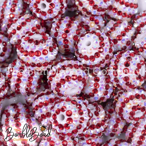 20MM Red & White Striped Rhinestone AB Bubblegum Bead, Resin Beads in Bulk, 20mm Beads, 20mm Bubble Gum Beads, 20mm Shiny Chunky Beads