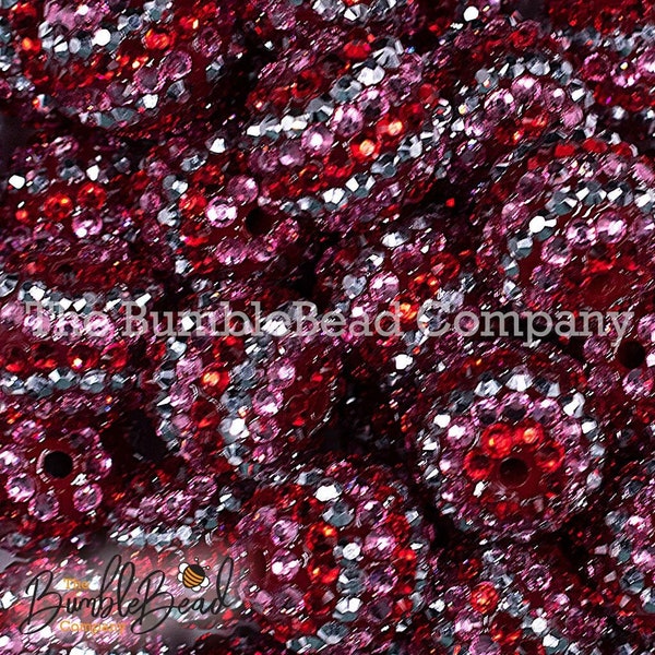 20MM Red, Pink & Silver Striped Rhinestone Bubblegum Bead, Resin Beads in Bulk, 20mm Beads, 20mm Bubble Gum Beads, 20mm Valentine Beads