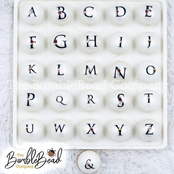 20mm White Alphabet Bead, black letters, floral design, Chucky bubblegum beads, letter beads