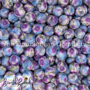 15mm Blue and Purple Floral Print on Blue Silicone Beads, Silicone Beads in Bulk, 15mm silicone bubblegum Beads - Pack of 10