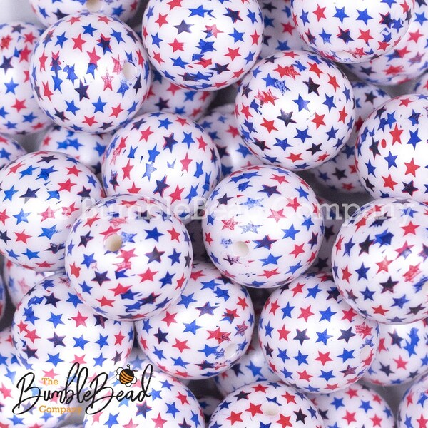 20MM Red, White & Blue printed Stars on White Chunky Bubblegum Beads, Resin Beads in Bulk, 20mm Beads, 20mm Bubble Gum Beads, Stars