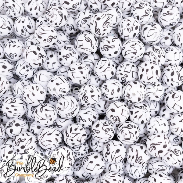 15mm Black and White Music Note Print Silicone Beads, Silicone Beads in Bulk, 15mm silicone bubblegum Beads, Chunky Beads