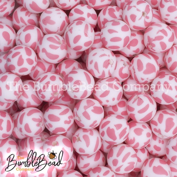 15mm Pink Cow Silicone Beads, Silicone Beads in Bulk, 15mm silicone bubblegum Beads, Chunky Beads