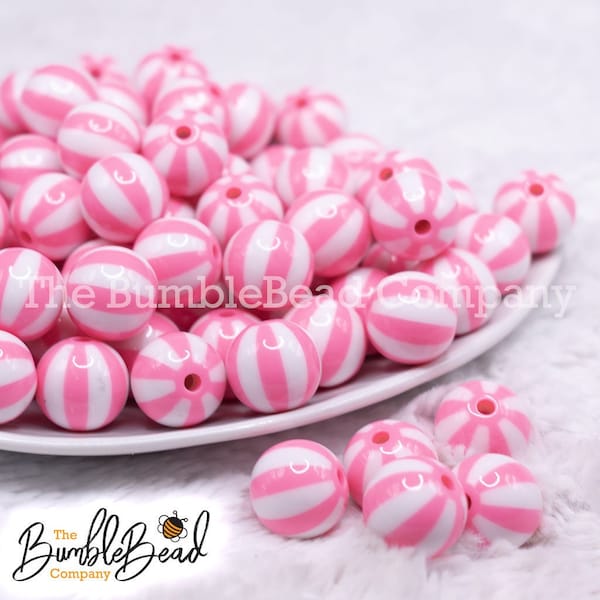 16mm Pink with White Stripe Beach Ball Bubblegum Beads, Resin Gumball Beads in Bulk, 16mm Beads, 16mm Bubble Gum Beads, 16mm Chunky Beads