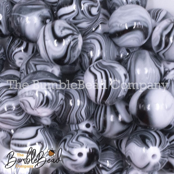 20MM Black Marbled Chunky Bubblegum Beads, Resin Beads in Bulk, 20mm Beads, 20mm Swirled Bubble Gum Beads, 20mm Shiny Chunky Beads