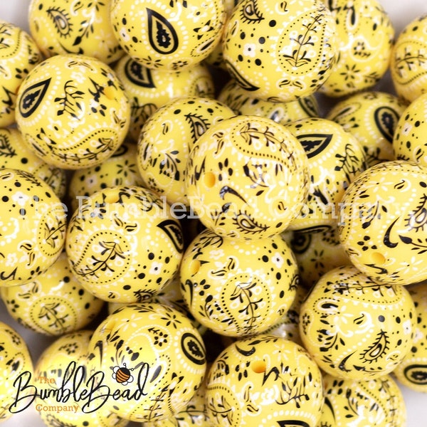20mm Yellow Paisley Print Acrylic Bubblegum Beads