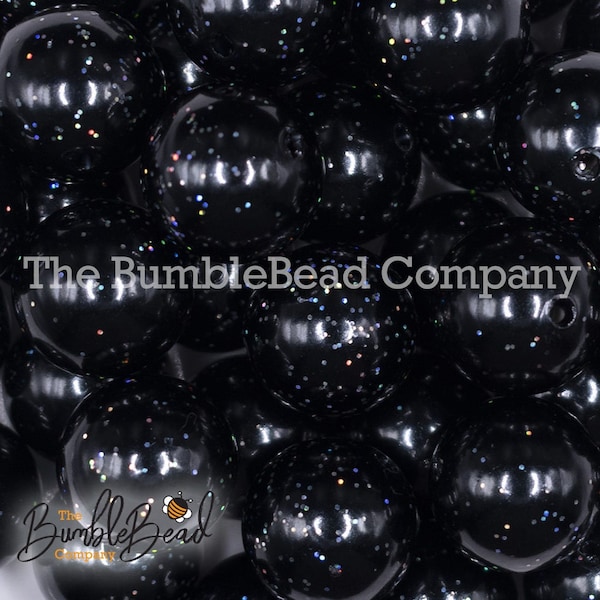 20MM Black with Glitter Faux Pearl Chunky Bubblegum Beads, Acrylic Glitter Beads in Bulk, 20mm sparkly Beads, 20mm Shiny Beads