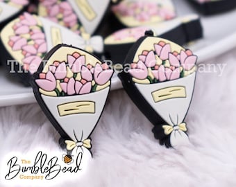 Pink Floral Bouquet Silicone Focal Bead Accessory - 19mm x 28mm,  Silicone beads