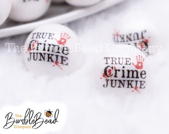 20mm True Crime Junkie print on White Bubblegum Beads, 20mm chunky acrylic bubblegum beads, 20mm beads, printed