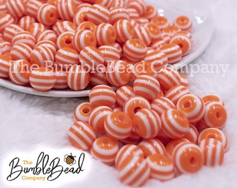 12MM Orange with White Stripes Chunky Bubblegum Beads, 12mm Striped resin beads, 12mm beads, [20 Count]