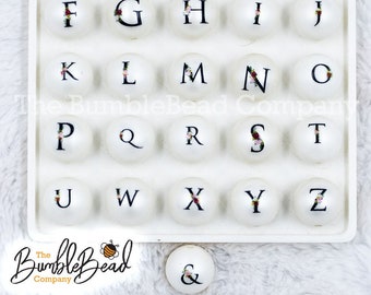 20mm White Alphabet Bead, black letters, floral design, Chucky bubblegum beads, letter beads