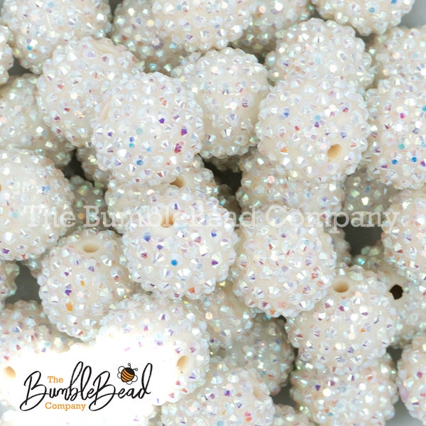 20mm White Sparkle Rhinestone AB Bubblegum Beads, Resin Beads in Bulk, 20mm Beads, 20mm Bubble Gum