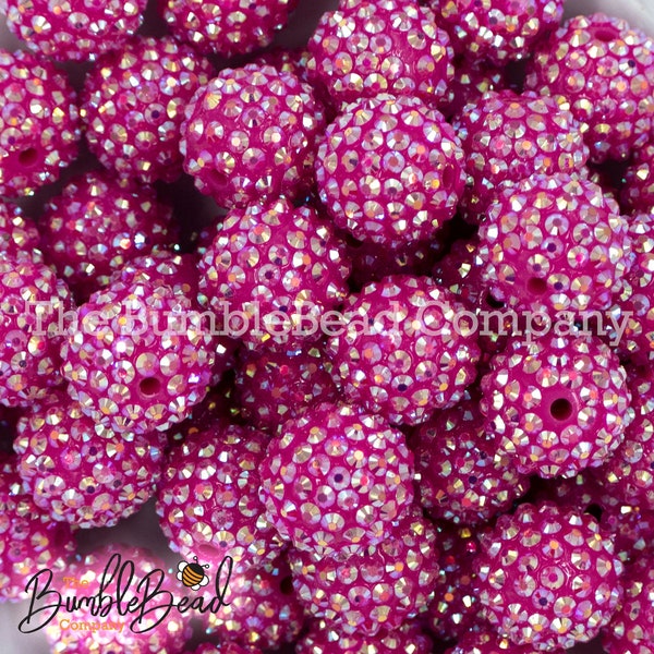 20mm Hot Pink Rhinestone AB Bubblegum Beads, Resin Beads in Bulk, 20mm Beads, 20mm Bubble Gum Beads, 20mm Shiny Chunky Beads