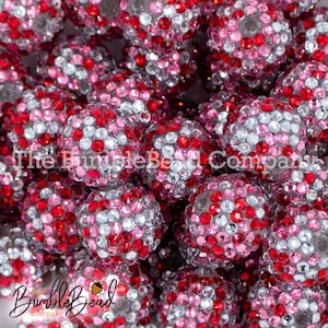 20MM Red, Pink & Silver Rhinestone AB Bubblegum Bead, Resin Beads in Bulk, 20mm Beads, 20mm Bubble Gum Beads, 20mm Shiny Chunky Beads