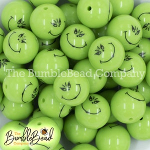 20MM Green Smirk on Green Chunky Bubblegum Beads, Double Sided, 20mm Acrylic beads, Printed beads, [10 Count]