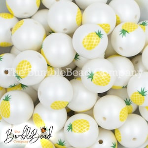 20MM Pineapple Print on White Matte Chunky Bubblegum Beads, Double Sided, 20mm Fruit Acrylic beads, Printed beads, [10 Count]