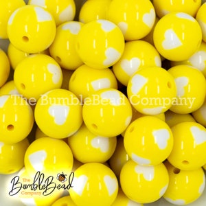 20MM Yellow with White Hearts Chunky Bubblegum Beads, Acrylic Beads in Bulk, 20mm Beads, 20mm Bubble Gum Beads, 20mm Chunky Beads