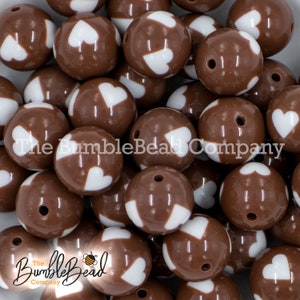 20MM Brown with White Hearts Chunky Bubblegum Beads, Acrylic Beads in Bulk, 20mm Beads, 20mm Bubble Gum Beads, 20mm Chunky Beads