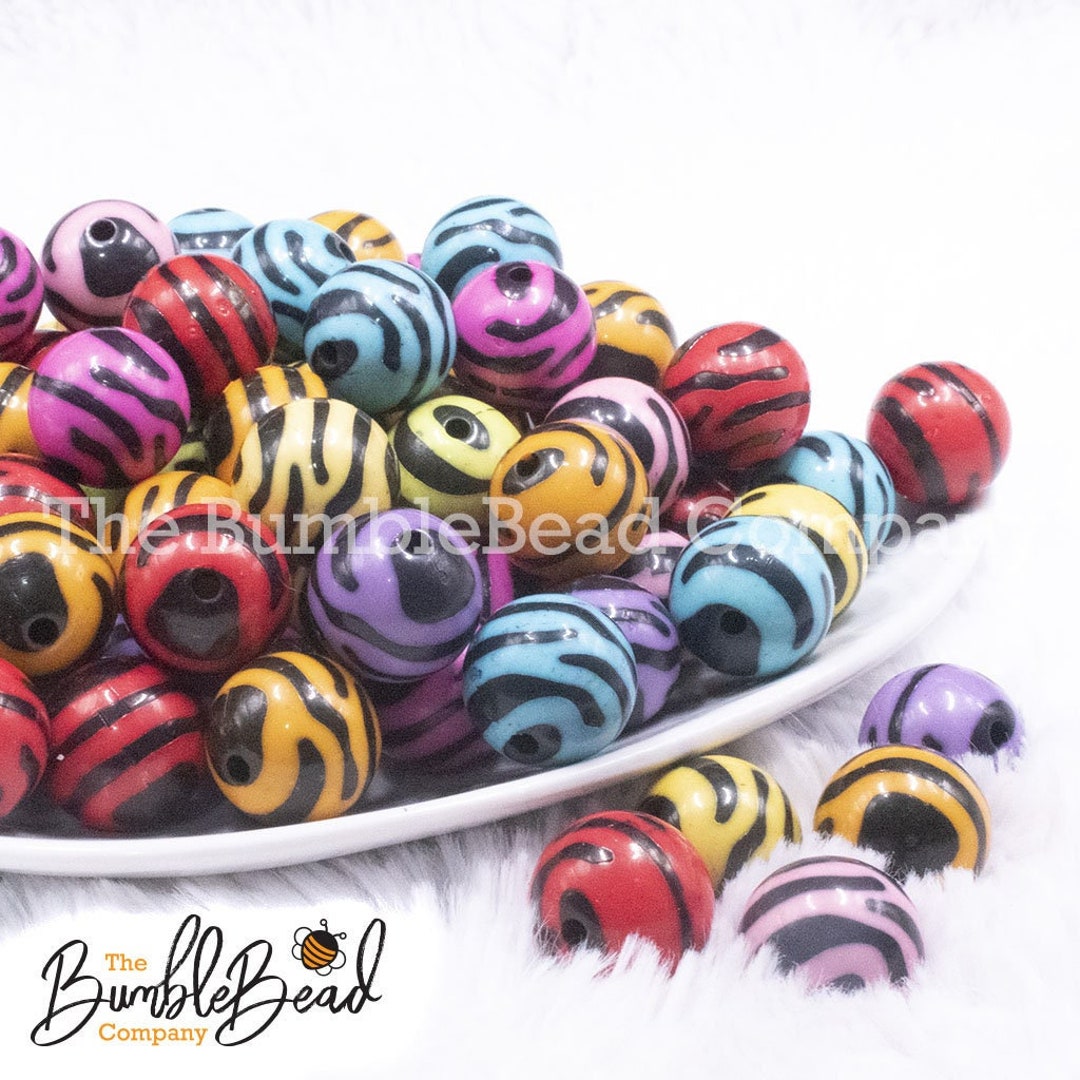 16MM Mixed Color Zebra Print Bubblegum Bead, Acrylic Gumball Beads in