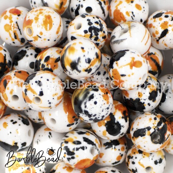 20MM White With Orange & Black Splatter Chunky Bubblegum Beads