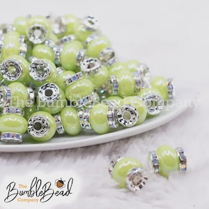 15mm Lime Green Spacer Bead with Rhinestone Rondelle, Acrylic Rhinestone Spacer, Spacer Beads, - 5 count per order