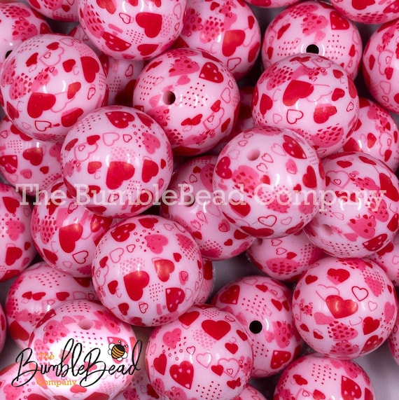 20MM Red Multiple Hearts on Pink Chunky Bubblegum Beads, Acrylic