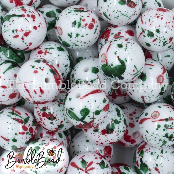 20MM Red & Green Splatter Chunky Bubblegum Beads, Acrylic Gumball