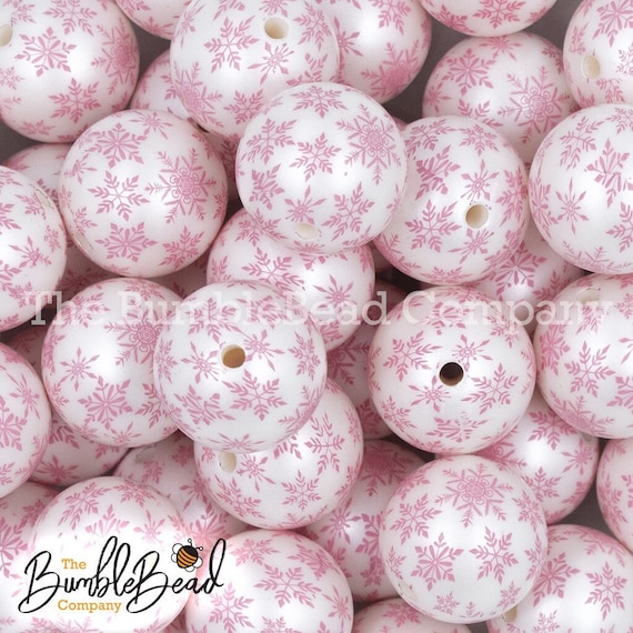 20mm Pink Snowflakes on White Chunky Bubblegum Beads, Acrylic