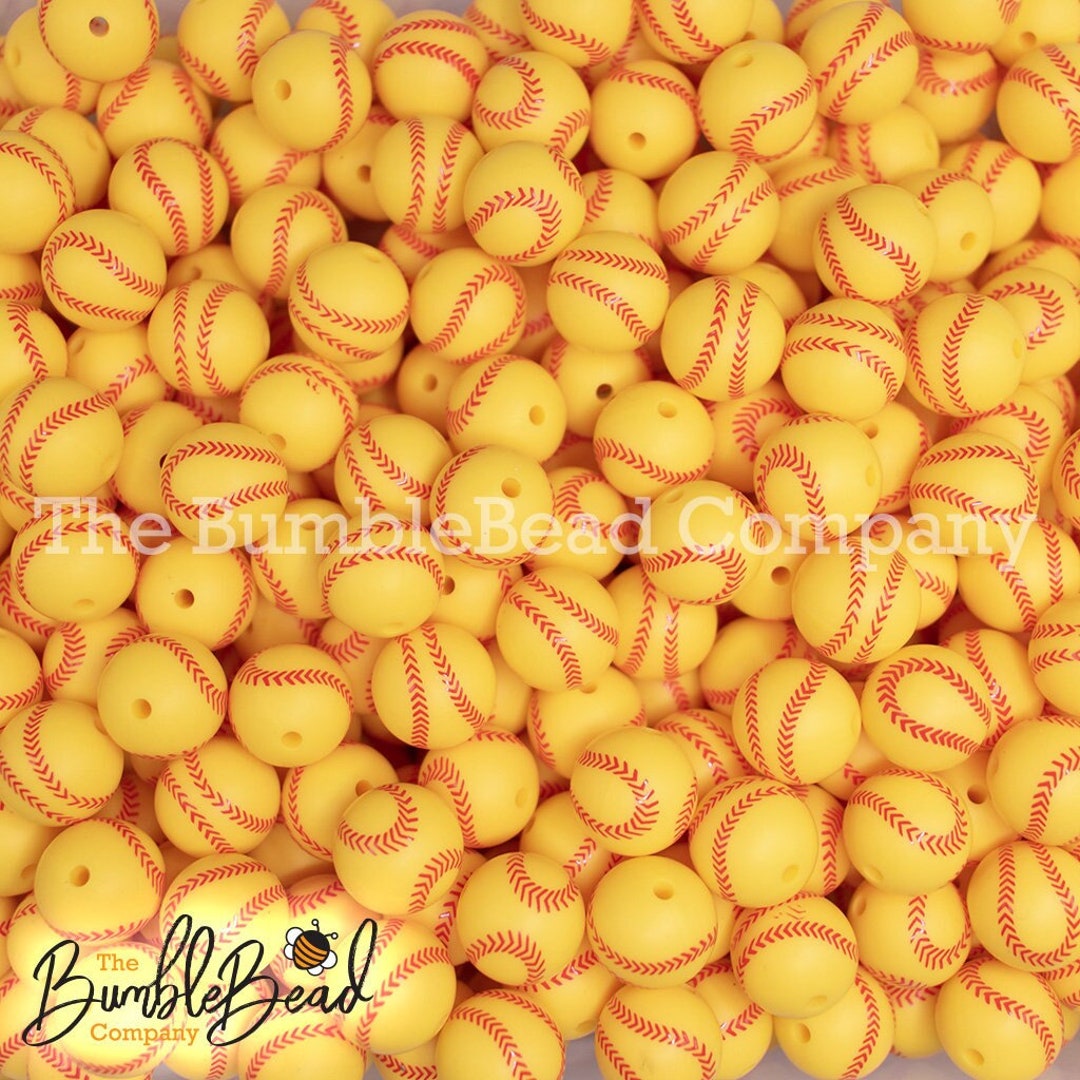 15mm Softball Print Silicone Beads, Silicone Beads in Bulk, 15mm