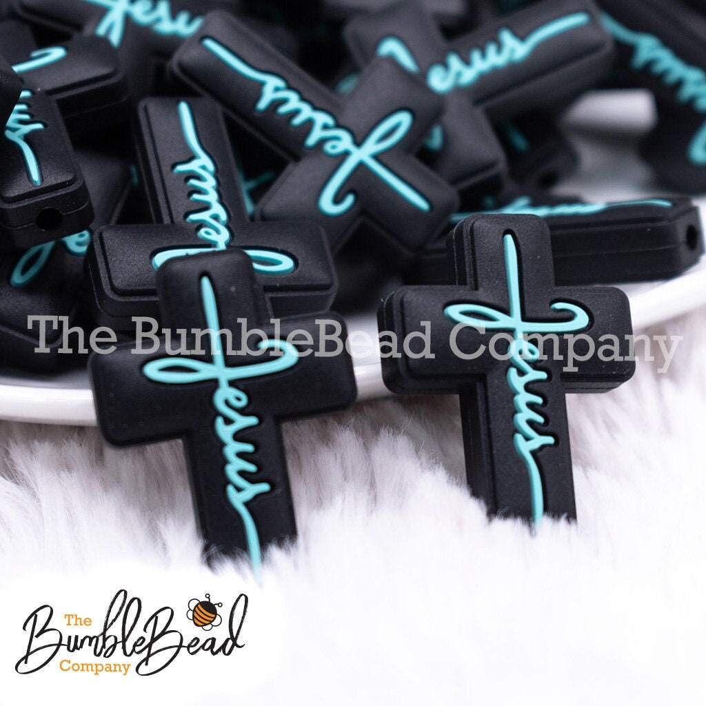 Black Cross with Teal Writing Silicone Focal Bead Accessory - Silicone beads